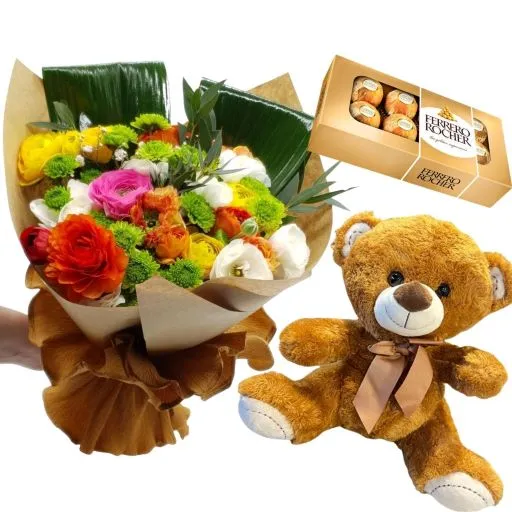 Ramo de flores marimonias importadas con chocolate y peluche